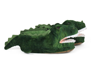 Pair of plush alligator slippers side view