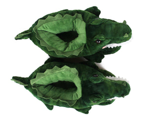 Pair of plush alligator slippers top view