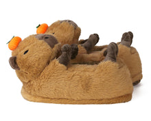 Load image into Gallery viewer, Pair of plush capybara slippers side view
