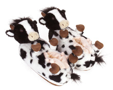 Load image into Gallery viewer, Pair of Holstein Cow Slippers with black and white spotted plush, hooves, tails, ears, horns and pink udders.
