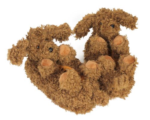 pair of doodle dog slippers with curly plush, floppy ears, four paws and tails