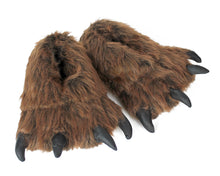 Load image into Gallery viewer, Pair of brown fuzzy grizzly bear paw slippers with four black claws on each foot
