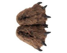 Load image into Gallery viewer, Pair of brown furry grizzly bear paw slippers with black claws, seen from the top
