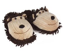 Load image into Gallery viewer, pair of monkey slippers with smiling faces, and fuzzy textured brown plush 
